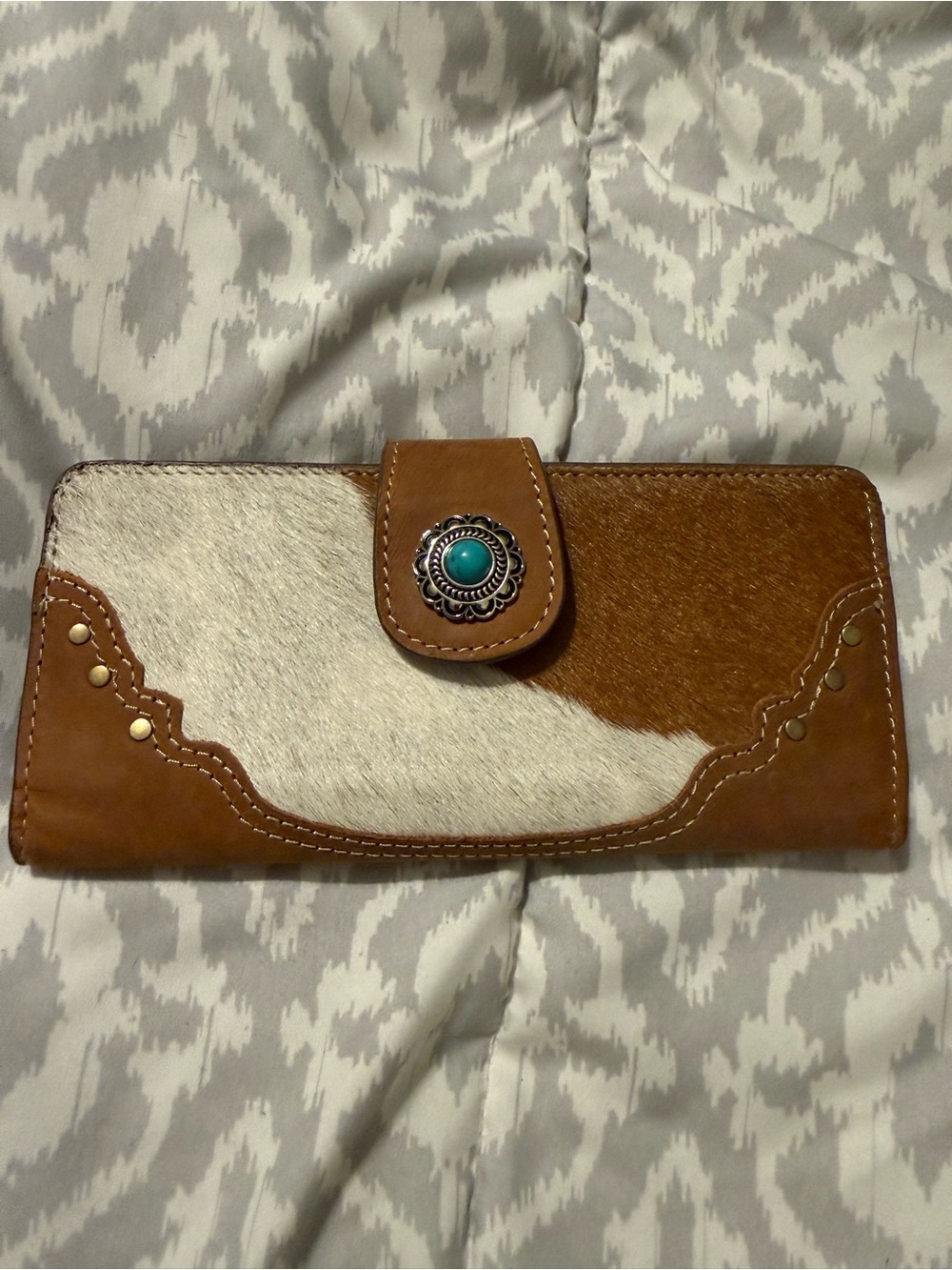 Myra Bag Brown and White Cowhide Wallet with Turquoise Concho